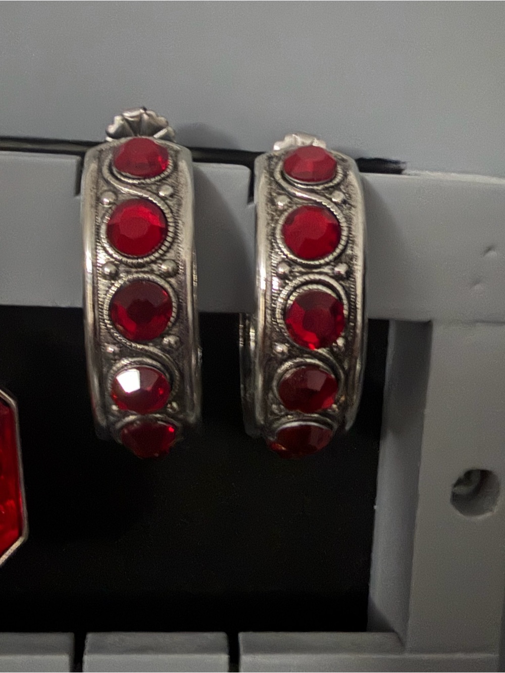 Silver Like Hoop Earrings with Red Crystal Accents